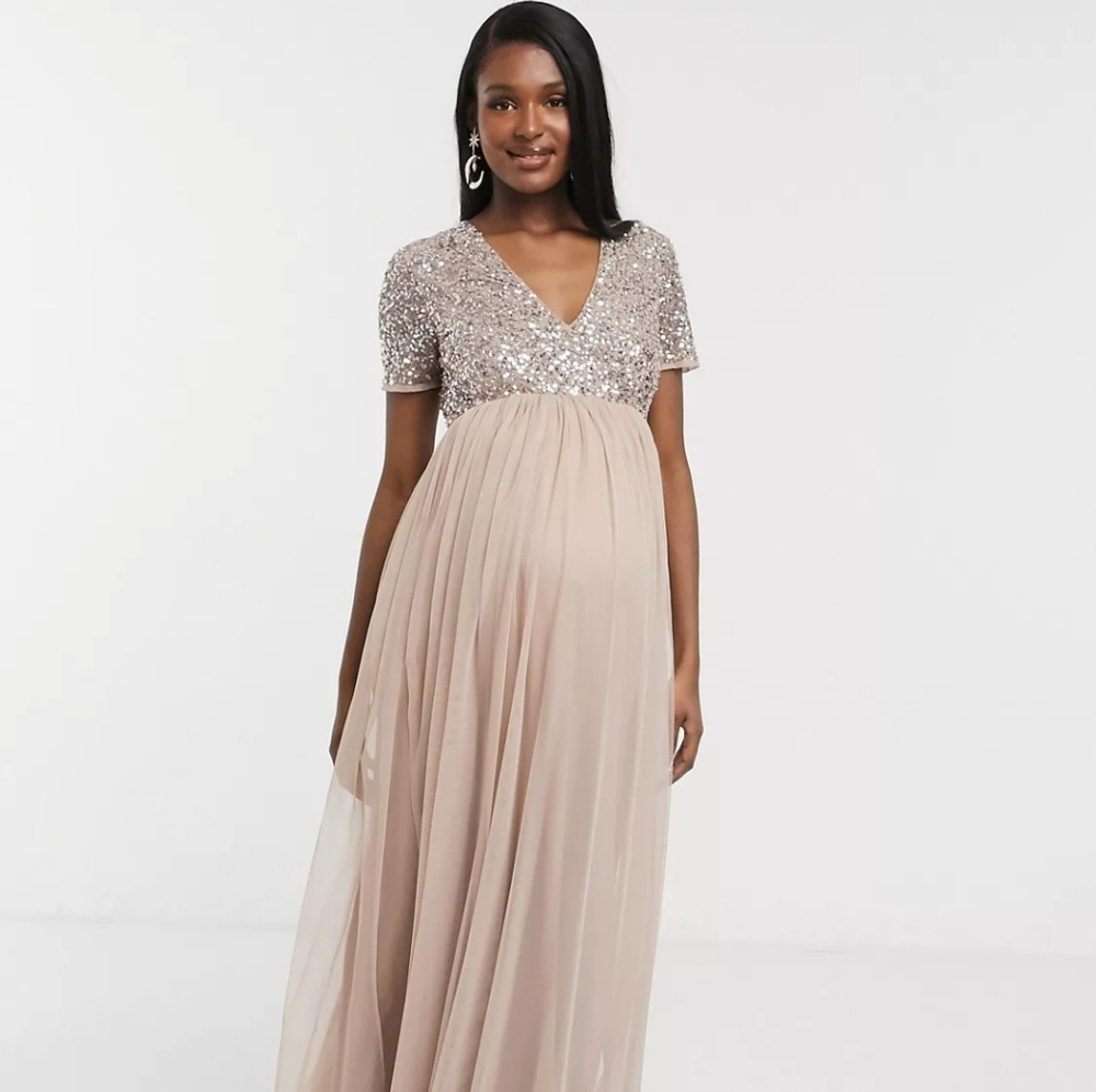 ASOS Maya Maternity V-Neck Midi Tulle Dress Tonal Sequins Taupe Blush Pink 4